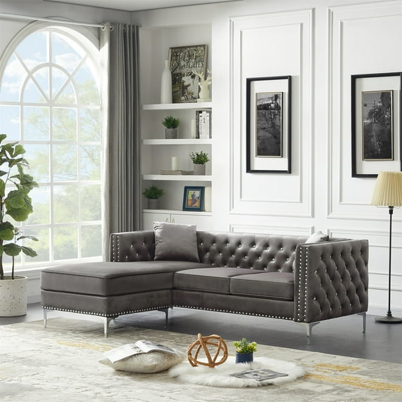 Convertible Sectional Sofa Set with Chaise, 82.3" Modern Velvet Tufted Upholstered Sofa Couch with 2 Pillows and Jeweled Buttons, Reversible L-Shaped Sofa with Metal Legs and Square Arms, Grey