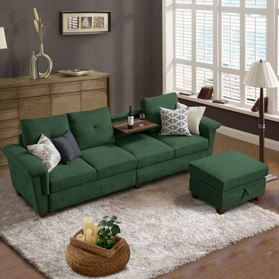 Convertible Sectional Sofa with Storage, 4 Seat L Shaped Couch with Chaise and Cup Holder, Modern Microfiber Fabric Sofas Couches for Living Room, Green
