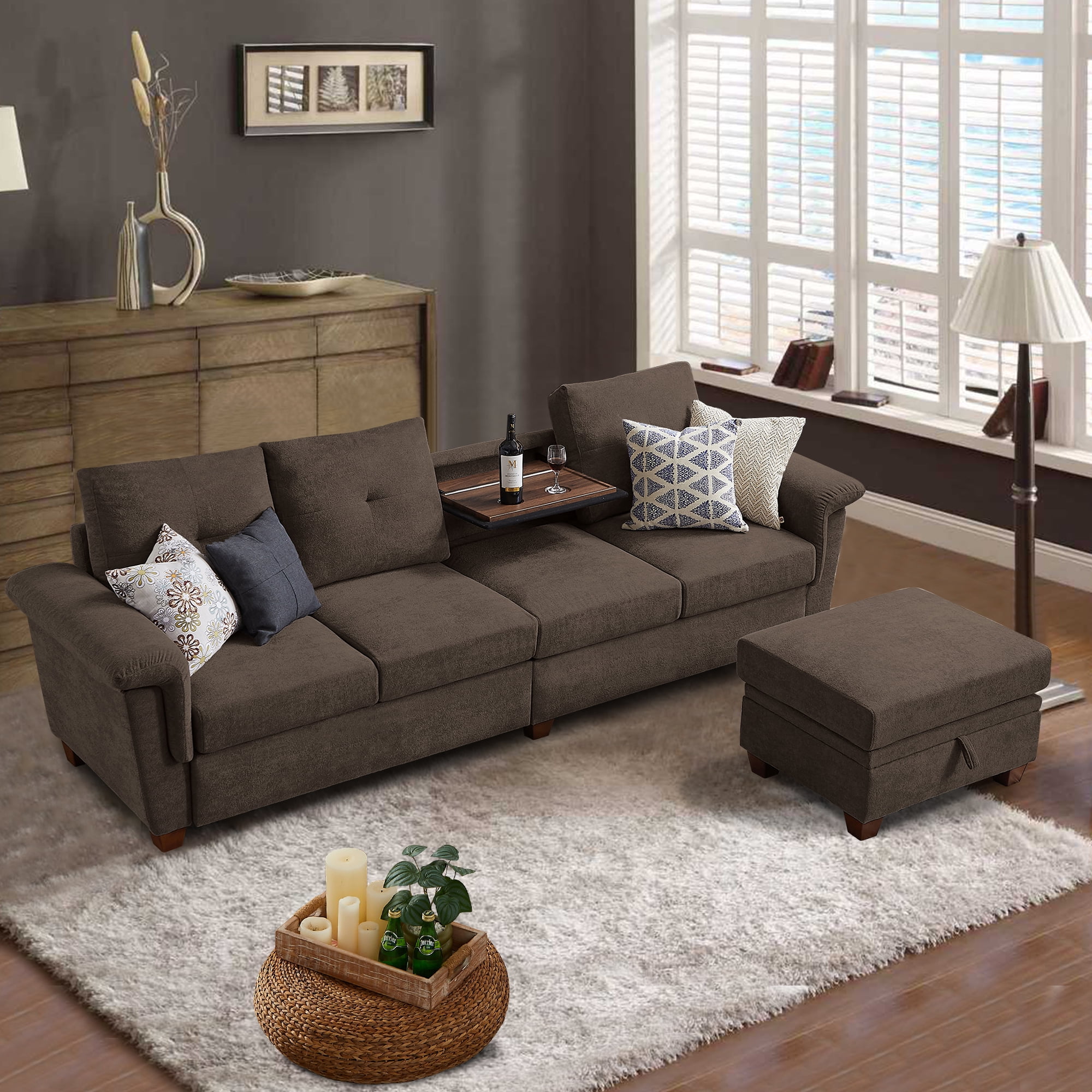Jarenie Modern Microfiber Armchair, Convertible Sectional Sofa with Storage, 4 Seat L Shaped Couch, Dark Coffee