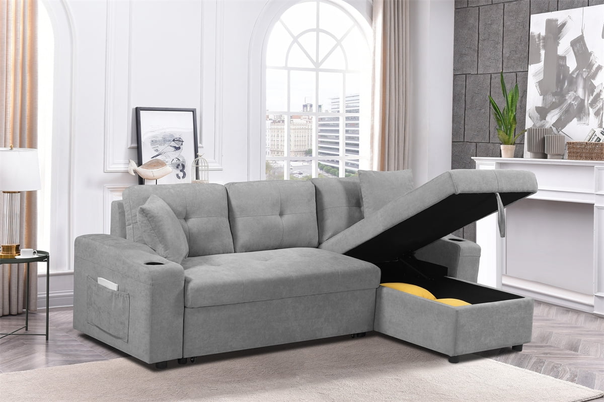 Convertible Sectional Sofa with Storage Ottoman and Pull Out Couch Sleeper L Shaped Sofa Couch with Reversible Chaise Sectional Sofa with Side Pocket
