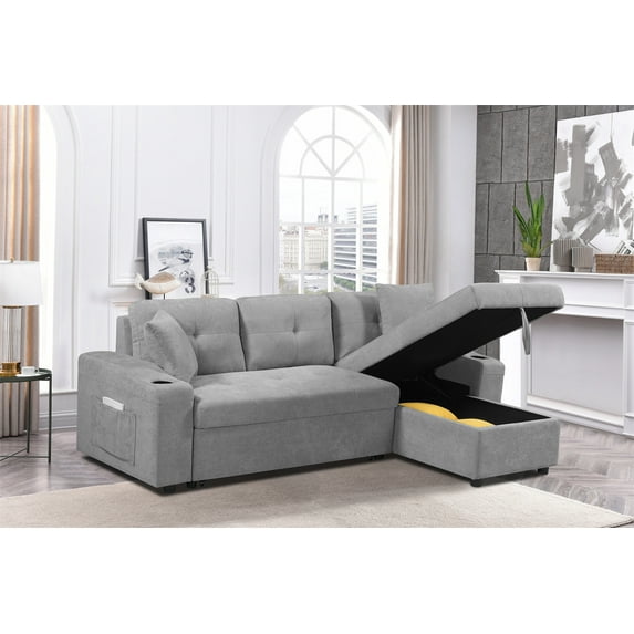 Convertible Sectional Sofa with Storage Ottoman and Pull-Out Couch Sleeper,L-Shaped Sofa Couch with Reversible Chaise,Sectional Sofa with Side Pocket and Cup Holders for Living Room Apartment,Grey