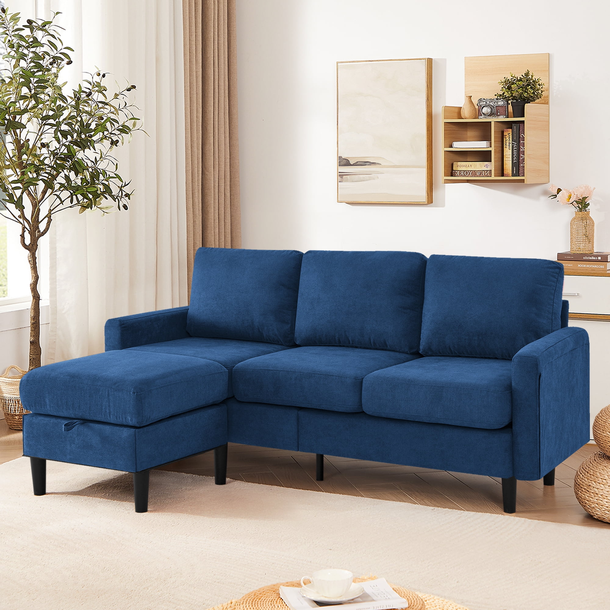 Convertible Sectional Sofa with Movable Ottoman Modern Fabric L Shaped Couch 3 Seater Sofa for Living Room Apartment Compact Spaces Navy Blue