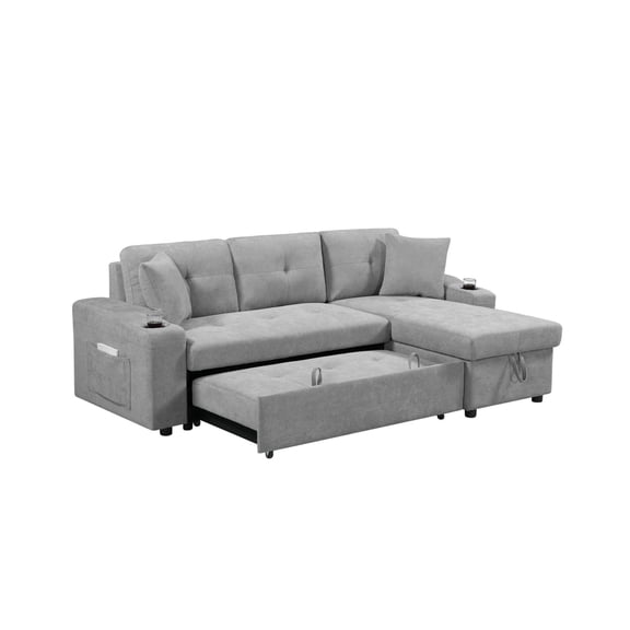 Convertible Sectional Sofa with Storage, Sleeper Sofa with Cup Holders & Bolsters, Modern L-Shaped Couch for Living Room, Space Saving Design, Gray