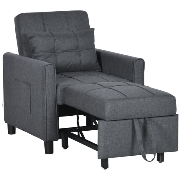 Convertible Sleeper Chair, 3-in-1 Folding Single Sofa Bed with 3-Position Adjustable Backrest, 2 Side Pockets, Linen-Look Polyester Fabric, Gray, for Small Space Guest Room, 27x32x33 in