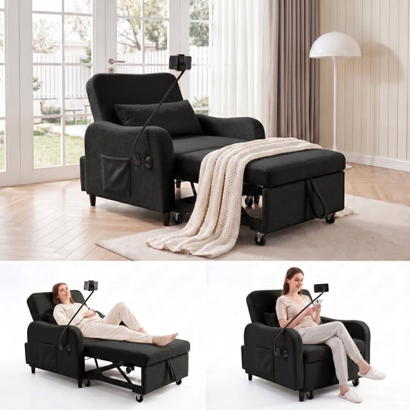 Convertible Sleeper Chair, 3-in-1 Pull Out Sofa Bed with USB and USB-C, Foldable Table, Phone Holder, Adjustable Backrest, Toothpick Velvet, Black