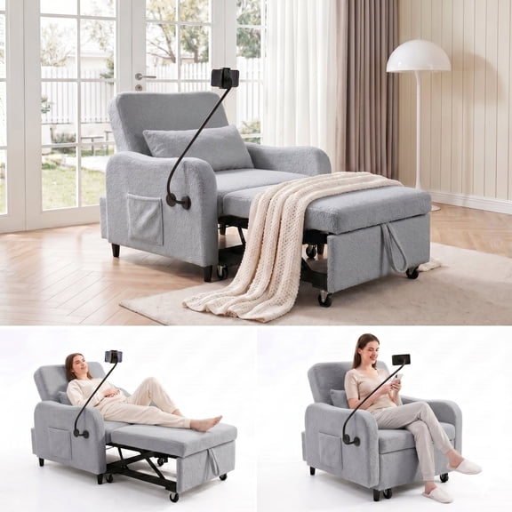 Convertible Sleeper Chair, 3-in-1 Pull Out Sofa Bed with USB and USB-C, Foldable Table, Phone Holder, Adjustable Backrest, Toothpick Velvet, Gray