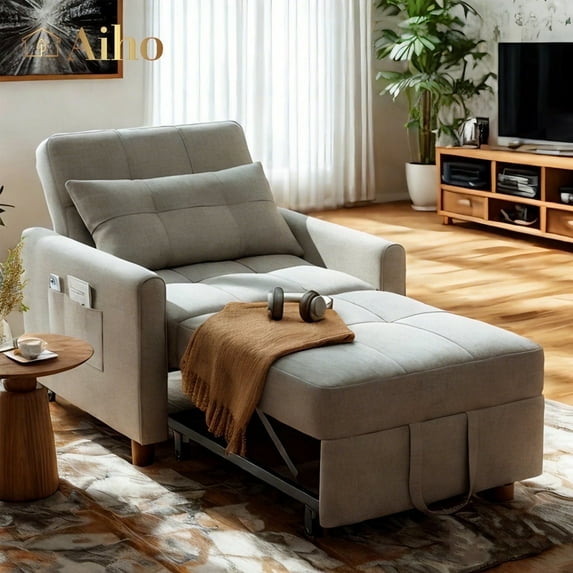 Convertible Sleeper Chair, Aiho 3-in-1 Convertible Sofa Bed Recliner Chair with Pull Out Couch - Light Gray