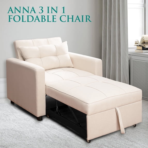Convertible Sleeper Chair Bed, 3 in 1 Convertible Sleeper Sofa Bed, Linen Convertible Ottoman Bed, Adjustable Backrest, Modern Sleeper Chairs for Adults for Living Room - Color :Cream, Fabric: Linen