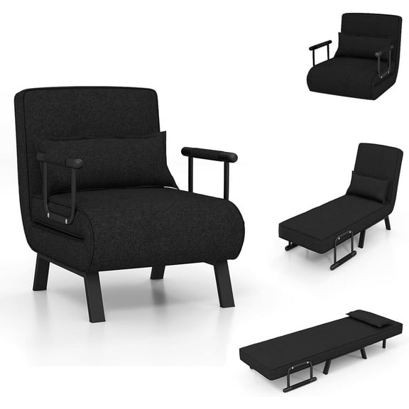 Convertible Sleeper Chair Bed, 4 in 1 Living Room Reading Chair with Pillow, Arm and Adjustable 5 Position Backrest Single Sofa Bed, Black