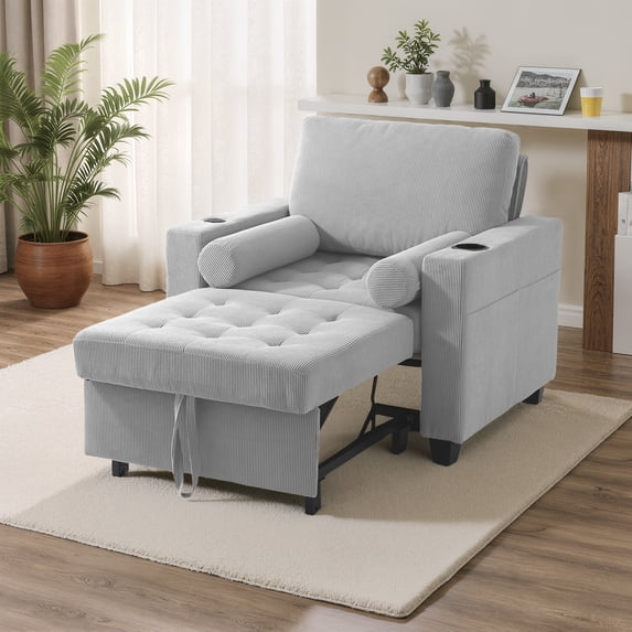 Convertible Sleeper Chair Bed, Comfy Corduroy Single Futon Sofa Chair with Pull Out Bed, 3-Levels Adjustable Backrest Accent Chair with Side Pockets, Cup Holder & USB Ports, Light Gray