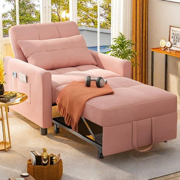 Convertible Sleeper Chair Bed, Linen Sofa Bed with Pillow for Small Space, Single Recliner Daybed with Adjustable Backrest, Pink