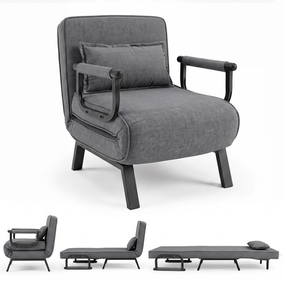 Convertible Sleeper Chair Bed, Three In One Folding Sofa Lounge Recliner, Home Office Guest Room Chaise Seat, Six Position Adjustable Backrest Pillow, Modern Upholstered Furniture, Single Piece
