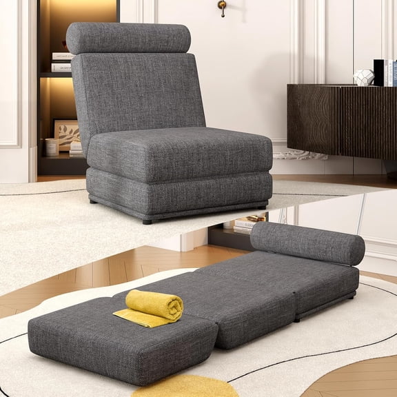 Convertible Sleeper Chair with Pillow, Lazy Sofa Bedļ¼Reading Chairs for Adultsļ¼Linen Fabric Floor & futon Chair, Foldable Mattress for Living Room/Dorm/Guest Use/Apartment,Dark Gray