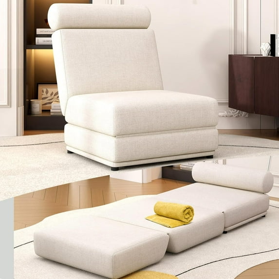 Convertible Sleeper Chair with Pillow, Lazy Sofa Bed,Reading Chairs for Adults,Linen Fabric Floor & futon Chair, Foldable Mattress for Living Room/Dorm/Guest Use/Apartment, Cream White