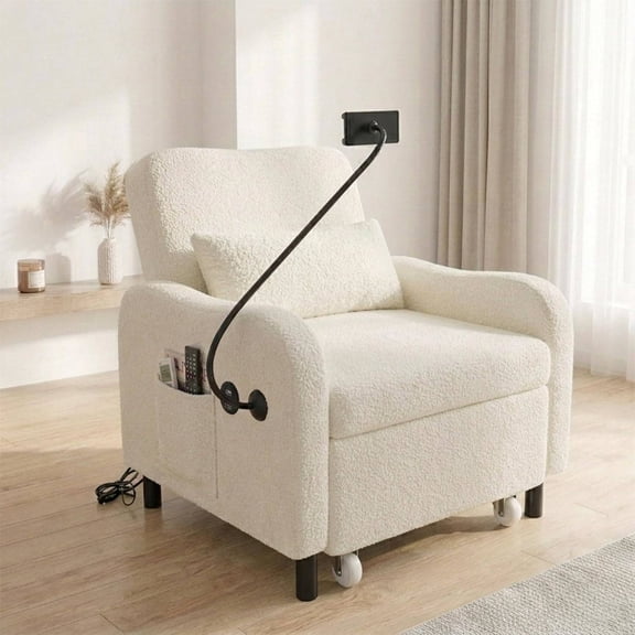 Convertible Sleeper Chair, Single Sofa Bed with USB Port and Foldable Table, Three-Level Adjustable Backrest for Dorm or Bedroom (Toothpick Velvet, White)