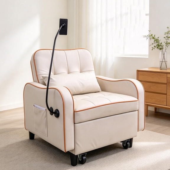 Convertible Sleeper Chair Sofa, 3-in-1 Velvet Lounge Chair Bed with Adjustable Reclining Backrest & Holder, Single Sofa Chair Converts to Chaise Lounge and Bed for Small Spaces Living Room Beige
