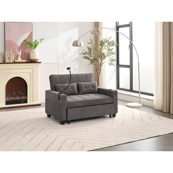 Convertible Sleeper Chair Sofa Bed - Adjustable Backrest, USB & Cup Holders, Premium Leather, with Pillows, Easy Assembly