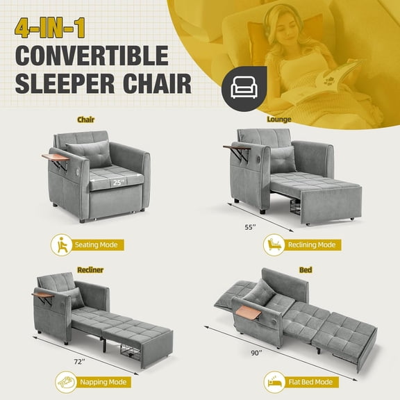 Convertible Sleeper Chair for Adults with Foldable Table, USB Port & Bottom Storage, Single Sleeping Sofa Bed for Living Room, Guest Room, Light Gray