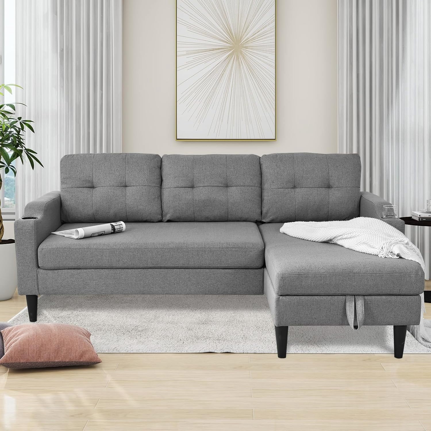 L-Shaped Pull Out Sleeper Sofa Bed with Storage Chaise, Linen ...