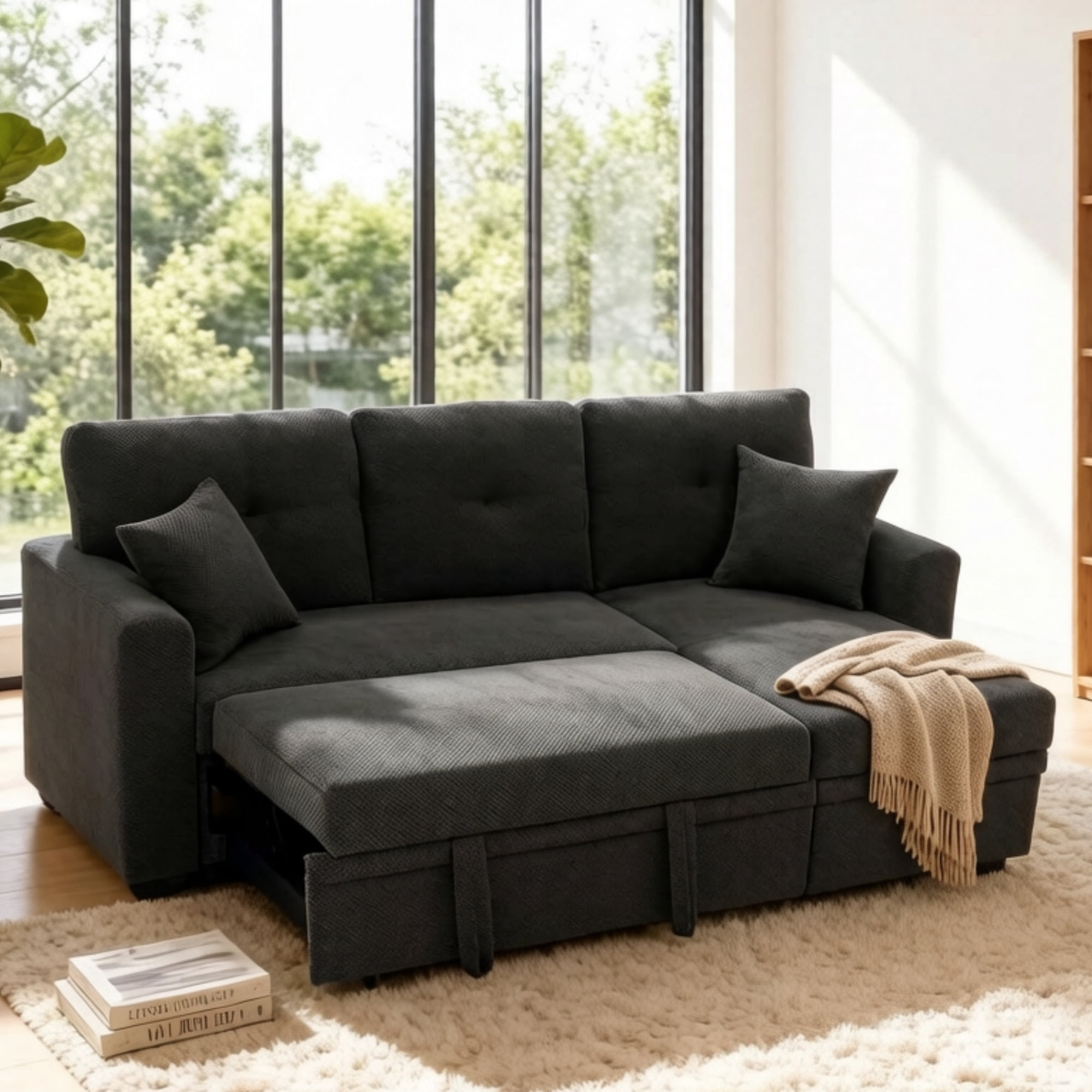 Convertible Sleeper Sectional Sofa with Pull-Out Bed & Reversible Chaise, Loveseat Couch with Hidden Storage for Small Spaces