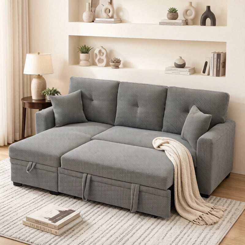 Convertible Sleeper Sectional Sofa with Pull-Out Bed & Reversible Chaise, Loveseat Couch with Hidden Storage for Small Spaces