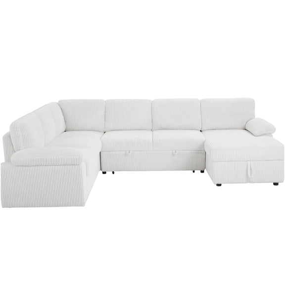 Convertible Sleeper Sectional Sofa with Storage, Large Modular Corduroy Couch, L-Shape Design for Apartments and Living Rooms, White