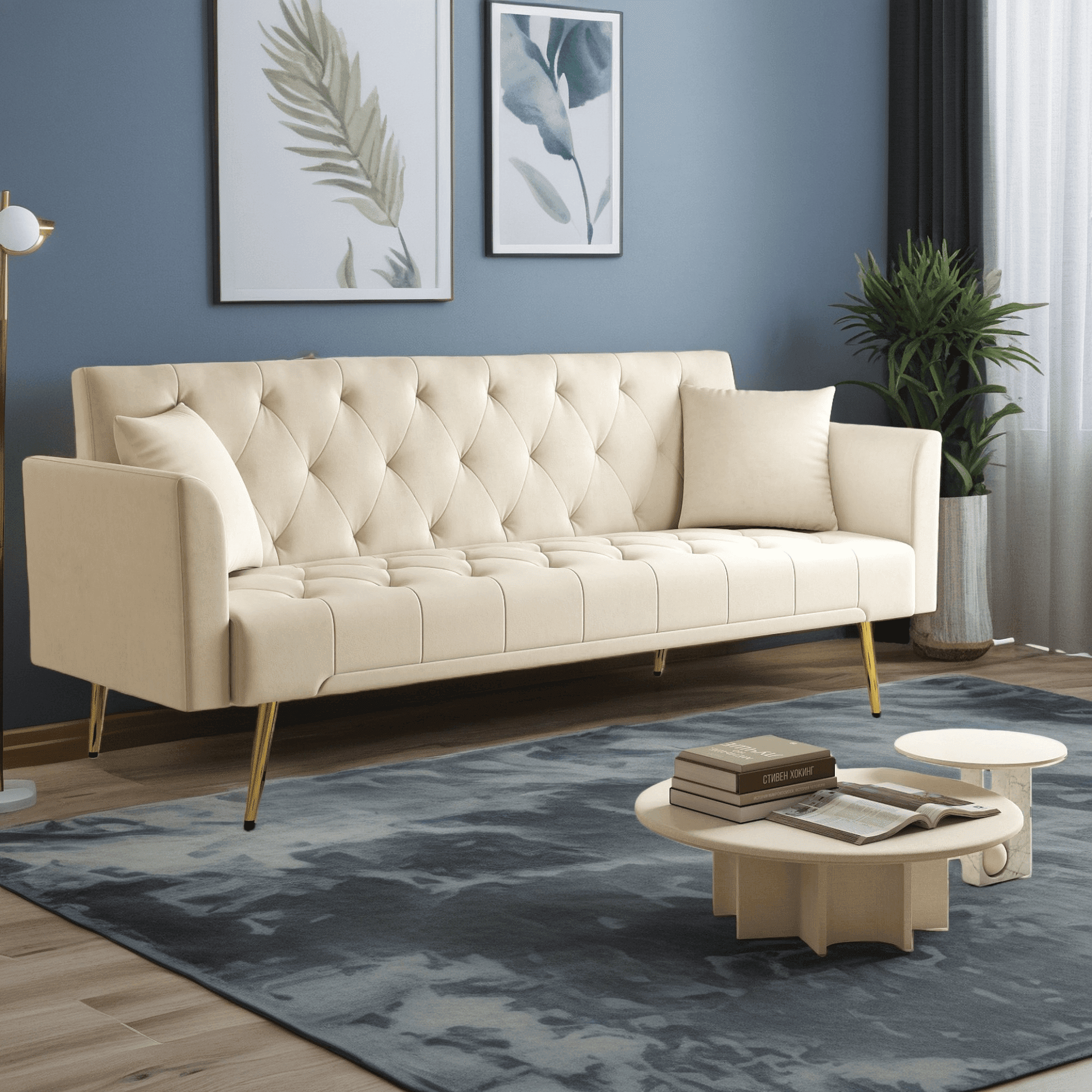 Convertible Sleeper Sofa, 72 Inch Foldable Sofa Bed with Tufted Back, Velvet Upholstery & 3-Position Adjustable Backrest for Small Spaces & Guest Room, Beige