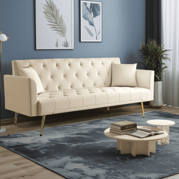 Convertible Sleeper Sofa, 72 Inch Foldable Sofa Bed with Tufted Back, Velvet Upholstery & 3-Position Adjustable Backrest for Small Spaces & Guest Room, Beige