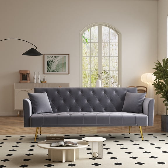 72" Sleeper Sofa, Convertible Sofa Bed for Small Spaces, Modern Tufted Fold Out Couch with Velvet Upholstery, American Retro Style 3-Position Adjustable Guest Bed, Gray
