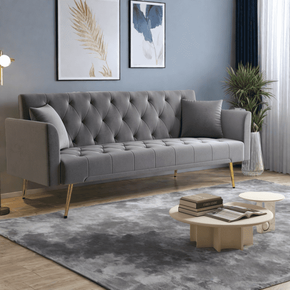 Convertible Sleeper Sofa, 72 Inch Foldable Sofa Bed with Tufted Back, Velvet Upholstery & 3-Position Adjustable Backrest for Small Spaces & Guest Room, Gray