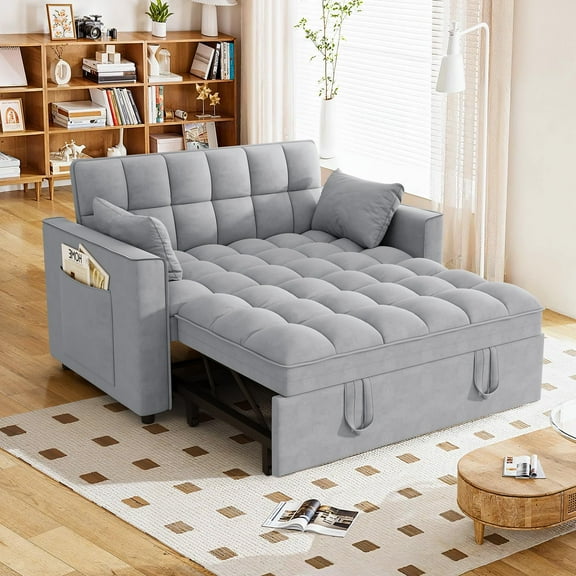 Convertible Sleeper Sofa Bed, 3 in 1 Pull Out Couch Bed with Adjustable Backrest, Sectional Small couches for Small Spaces, Loveseat for Apartment Living Room (Gray, Velvet)