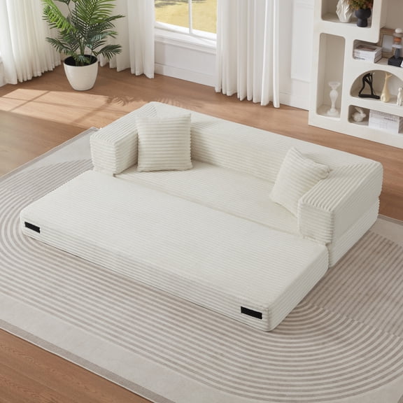 Convertible Sleeper Sofa Bed, 3-Seat Modern Cord Couch with Two-Tier Design, Folds into Small Double Bed, Space-Saving for Apartment Living Room, White