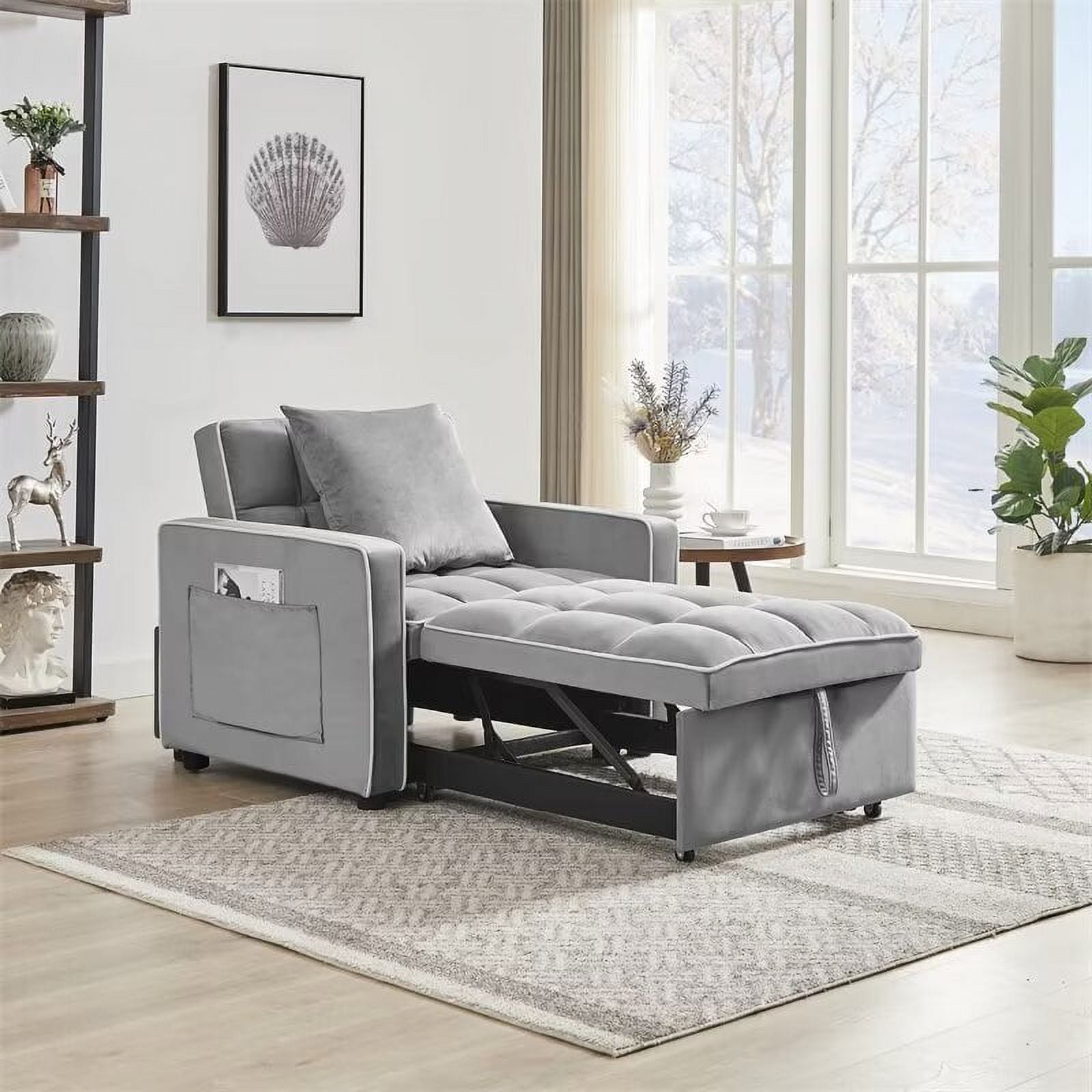 Gray Velvet Convertible Recliner Sofa Chair with Metal Frame