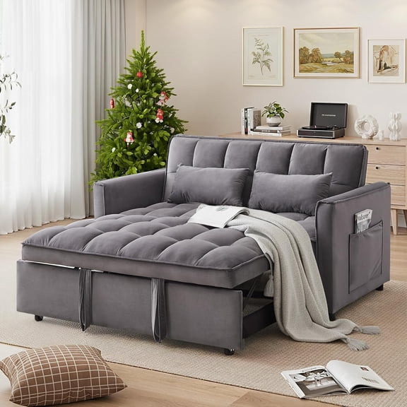 Convertible Sleeper Sofa Bed, 54'' Loveseat Sofa for Living Room with Adjustable Backrest | Side Pocket | Velvet Fabric | 3 in 1 Pull Out Couch | Recliner Loveseat | Sectional Sofa, Dark Grey
