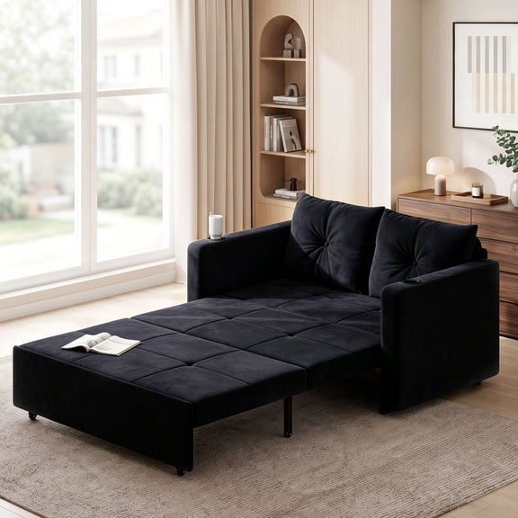 Gericco 56" Convertible Pull Out Sofa with USB Ports Storage Pocket for Living Room Bedroom, Black