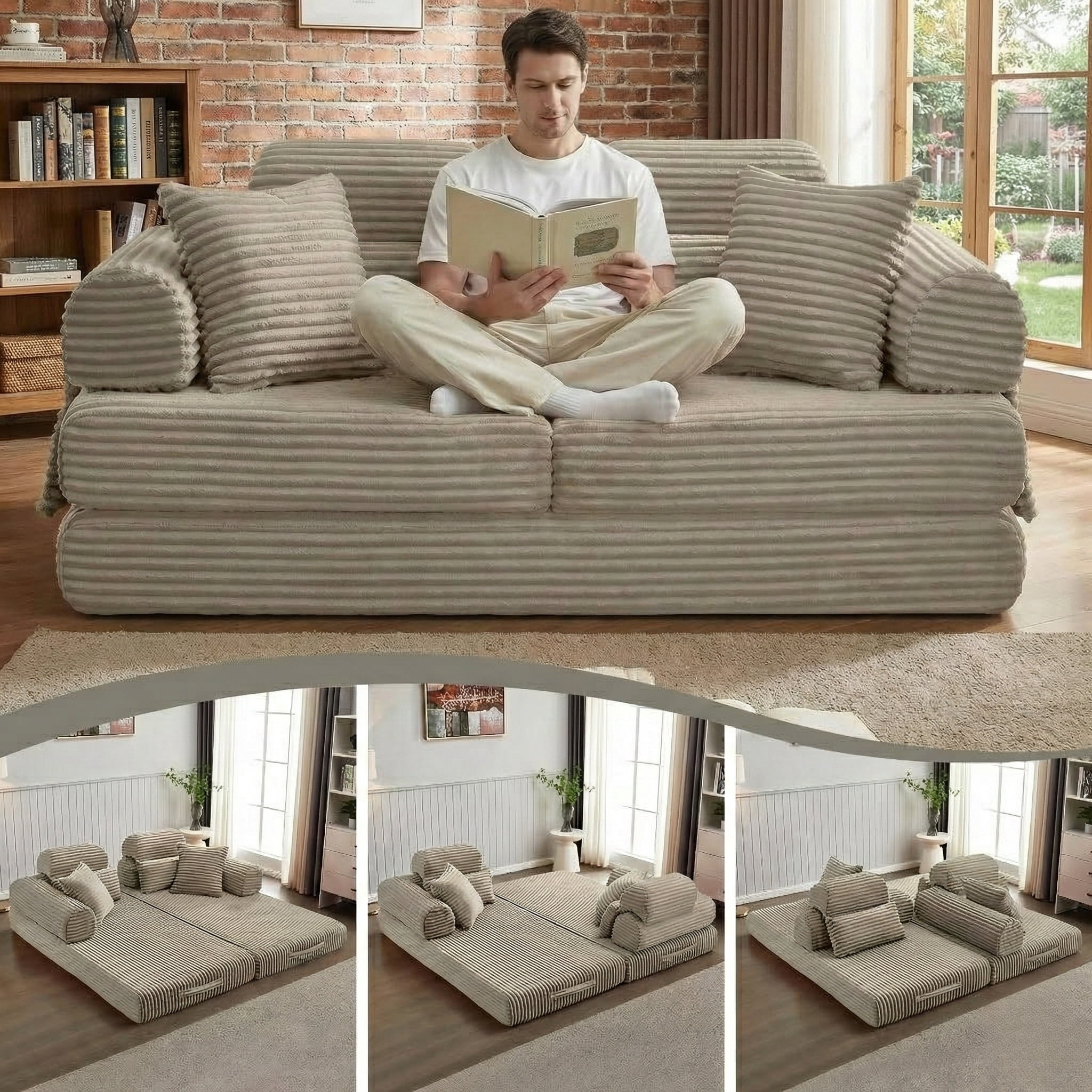 Howcool Sleeper Sofa Bed, 78.5" Convertible Floor Couch, Corduroy Folding Boneless Loveseat, Memory Foam Pull Out (Queen to King Size), No Assembly for Living Room, Orange