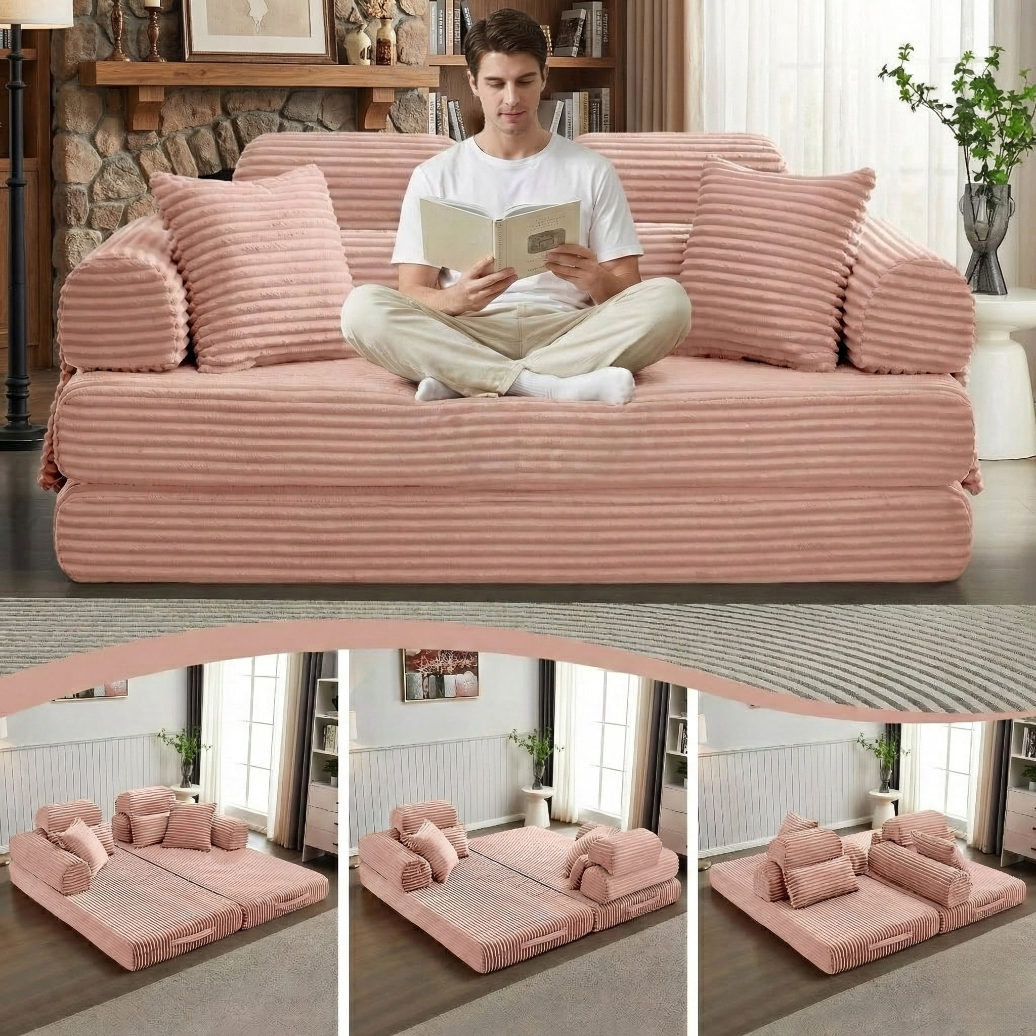 Howcool Convertible Sleeper Sofa Bed, 78.5" Corduroy Foldable Loveseat Sofa, Boneless Memory Foam Couch Bed for Living Room, Queen to King Size Sofa, No Assembly Required, Compression Sofa,Pink