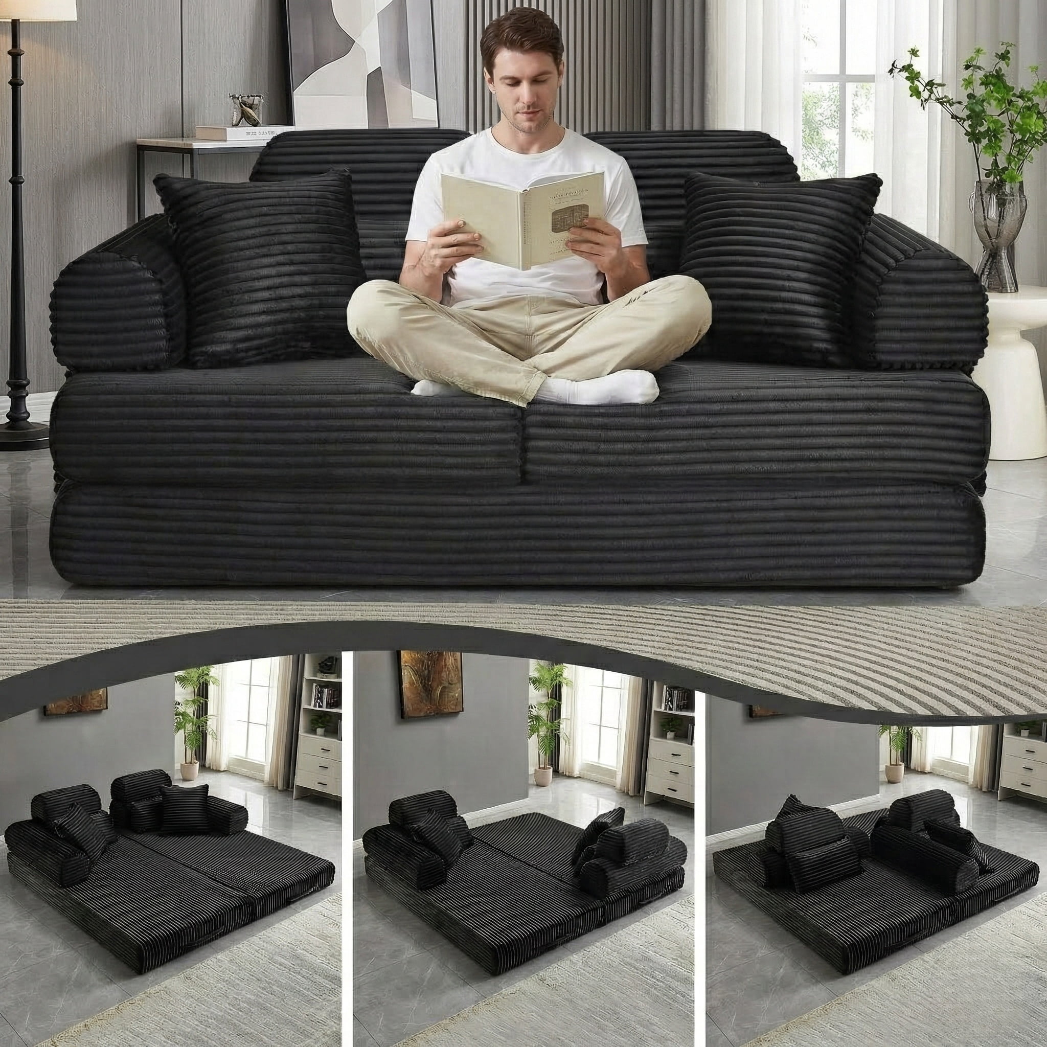 Howcool 78.5” Convertible Sleeper Sofa Bed, Foldable Corduroy Loveseat Couch, Boneless Compression Sofa with Memory Foam, No Assembly Required,Black