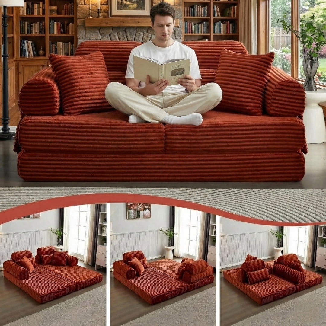Howcool Convertible Sleeper Sofa Bed, 78.5" Corduroy Foldable Loveseat Sofa, Boneless Memory Foam Couch Bed for Living Room, Queen to King Size Sofa, No Assembly Required, Compression Sofa,Orange