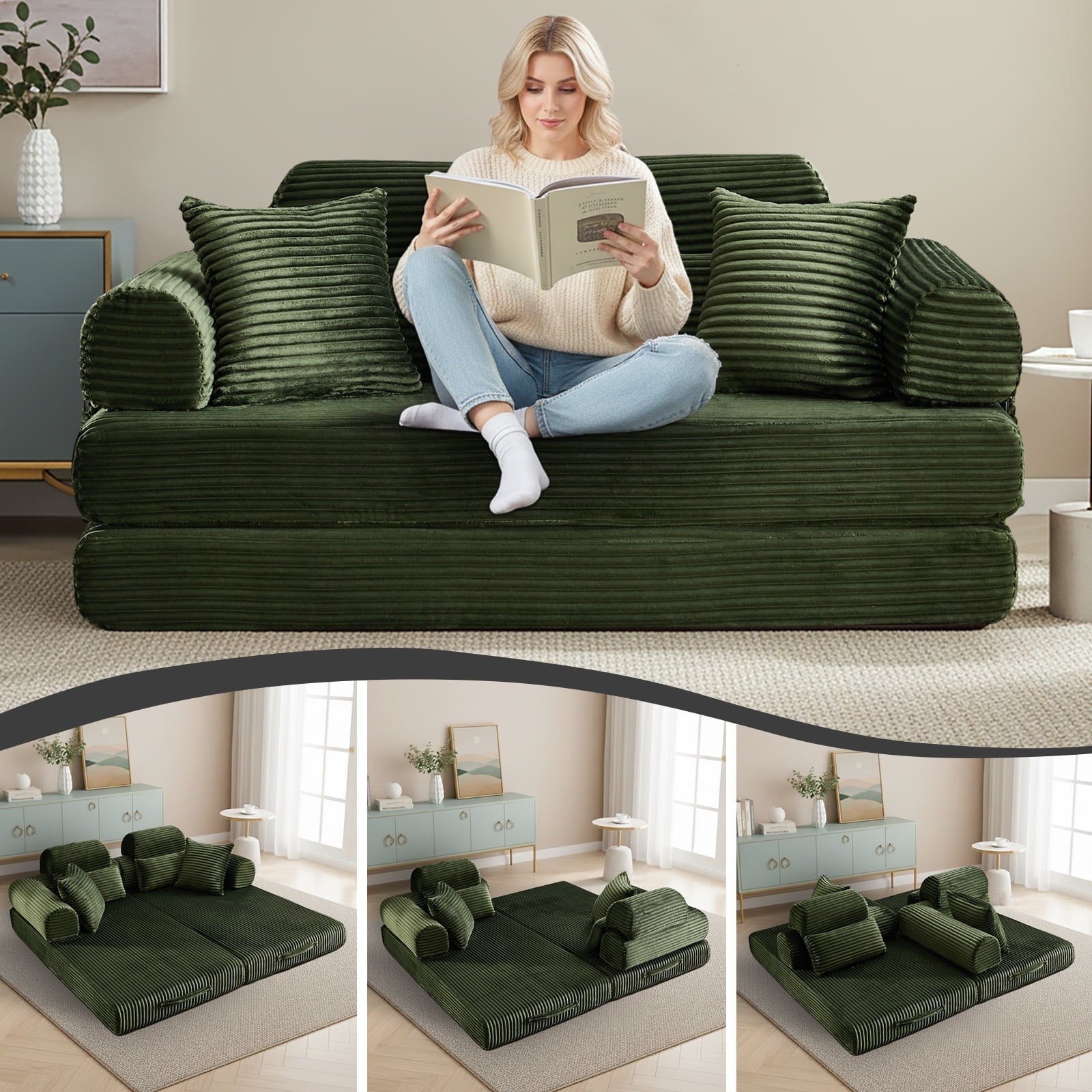 Convertible Sleeper Sofa Bed, 78.5" Modern Futon Sofa Bed for Living Room, Foldable Loveseat Sofa with Memory Foam, Corduroy Floor Mattress Couch, No Assembly Required (Green)