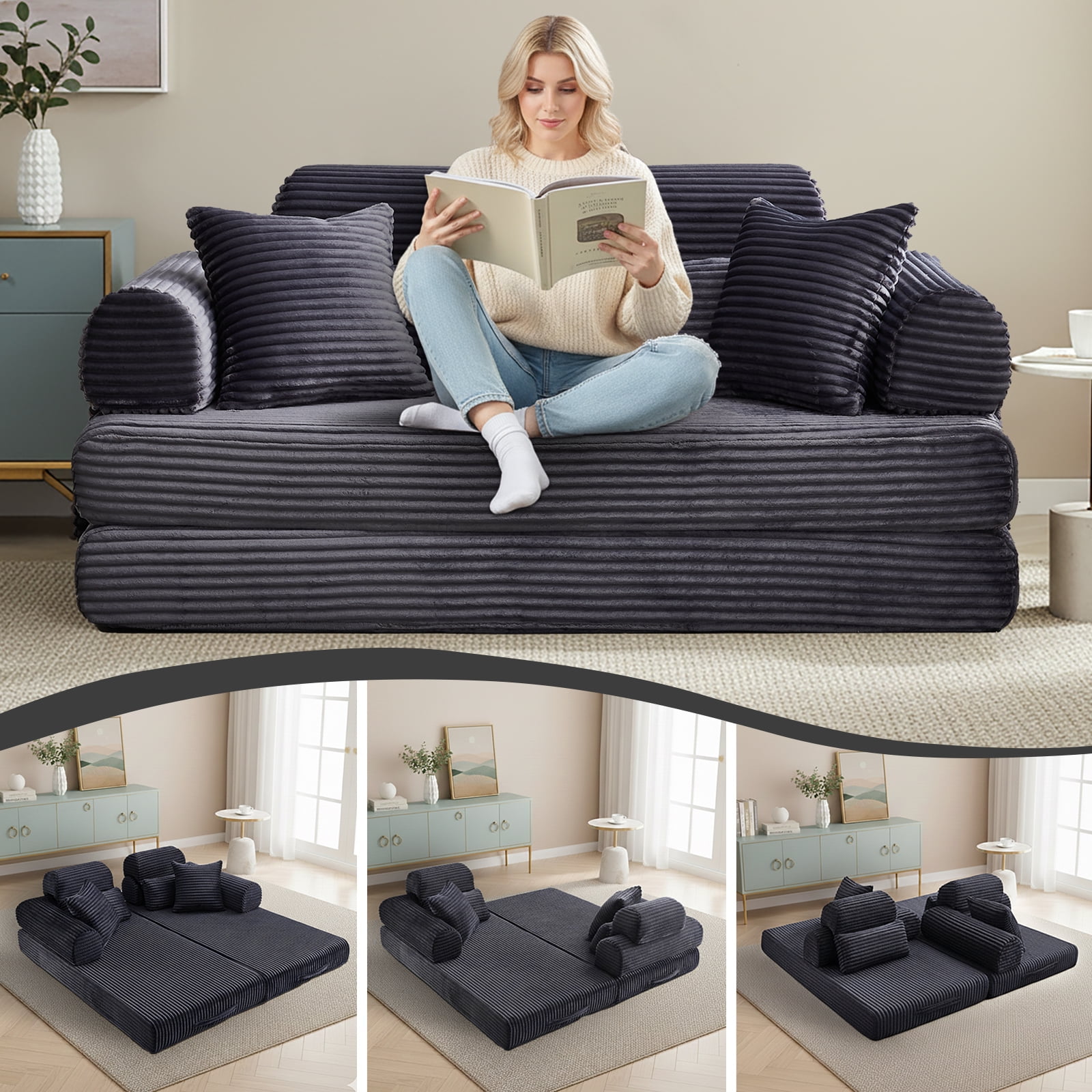 Convertible Sleeper Sofa Bed, 78.5" Modern Futon Sofa Bed for Living Room, Foldable Loveseat Sofa with Memory Foam, Corduroy Floor Mattress Couch, No Assembly Required (Dark Grey)