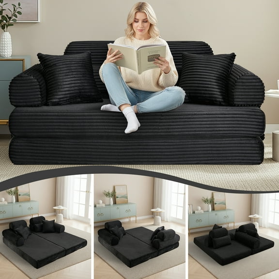 Convertible Sleeper Sofa Bed, 78.5" Modern Futon Sofa Bed for Living Room, Foldable Loveseat Sofa with Memory Foam, Corduroy Floor Mattress Couch, No Assembly Required (Black)