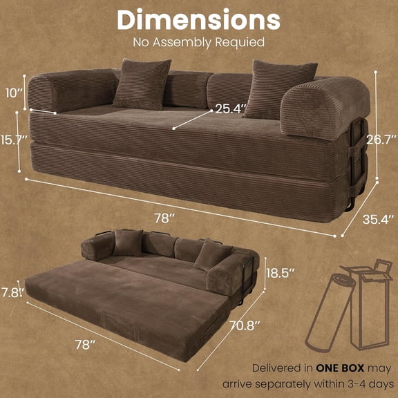 Convertible Sleeper Sofa Bed, 78 Inch Corduroy Foldable Couch with Memory Foam for Living Room Apartment Bedroom