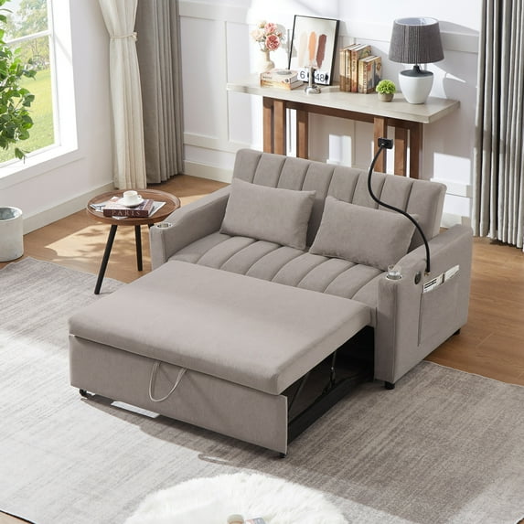 Convertible Sleeper Sofa Bed with Adjustable Backrest, Pull-Out Bed with 3 USB Ports, 2 Side Pockets, 2 Cup Holders and 360°Swivel Phone Holder, Loveseat Sofa Couch for Living Room, Light Grey