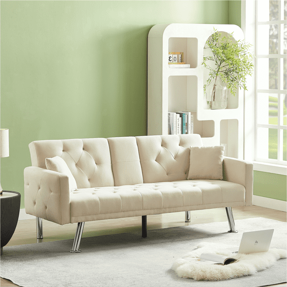 Convertible Sleeper Sofa Bed, Button Tufted Daybed with 3 Angle Adjustable Backrest, Linen Fabric Futon Sofa with 2 Cup Holders 2 Pillows, Folding Sofa Loveseat, for Living Room, Apartment, Beige
