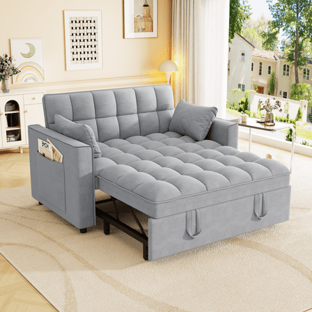 Convertible Sleeper Sofa Bed, Comfy Velvet Pull Out Sofa Bed with Adjustable Backrest, Pillows and Side Pockets, Modern Loveseat Sofa Couch for Living Room, Apartment, Gray
