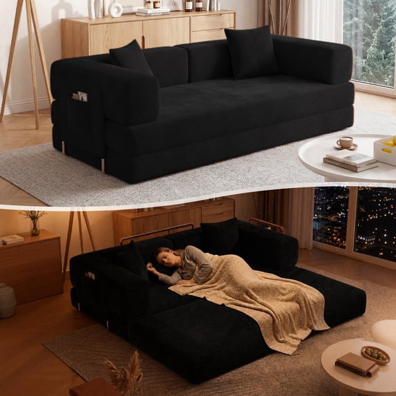 DILORA Convertible Sleeper Sofa Bed,Compressed Floor Boneless Couch,Modular Modern Corduroy Sofa for Living Room Bedroom,Easy Assembly(Black)78.8''
