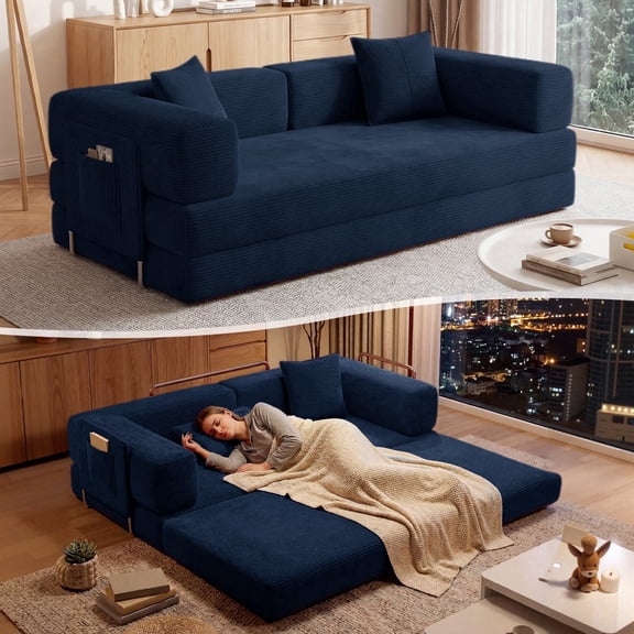 DILORA Convertible Sleeper Sofa Bed,Compressed Floor Boneless Couch,Modular Modern Corduroy Sofa for Living Room Bedroom,Easy Assembly(Bule)78.8''