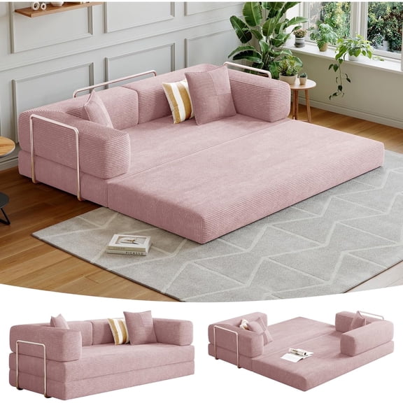 CHORRO Convertible Sleeper Sofa Bed,Compressed Floor Boneless Couch,Modular Modern Corduroy Sofa for Living Room Bedroom,Easy Assembly(Pink)78.8''