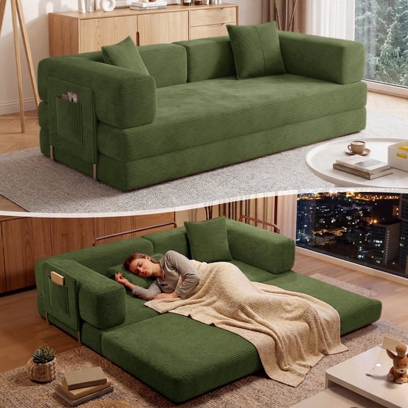 DILORA Convertible Sleeper Sofa Bed,Compressed Floor Boneless Couch,Modular Modern Corduroy Sofa for Living Room Bedroom,Easy Assembly(Green)78.8''